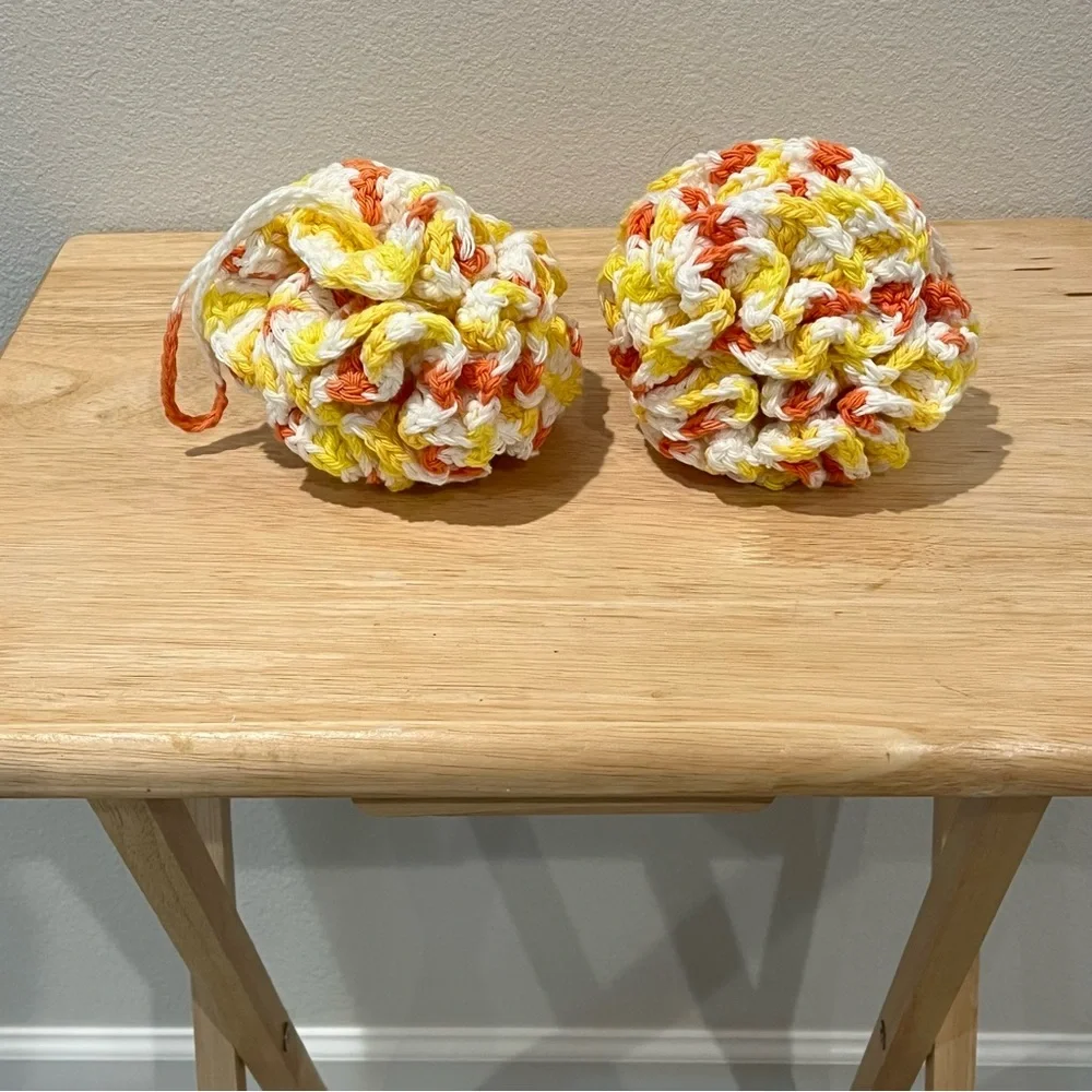 Set of 2 Crochet Yellow/Orange/White Eco-Friendly Bath Loofahs with Hanging Loop